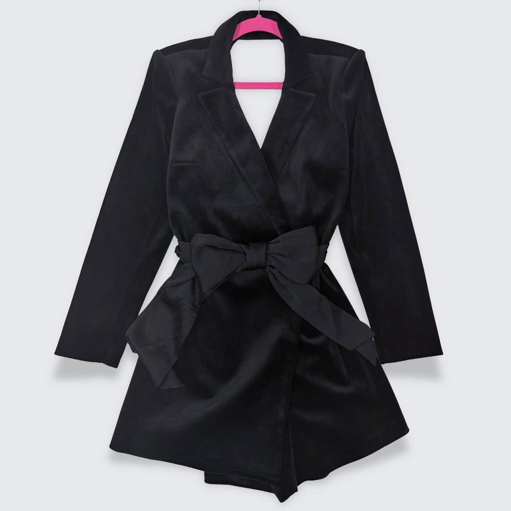 Express Velvet Blazer Romper Open Back Satin Wrap Belt Black Size 12 Dark Femme